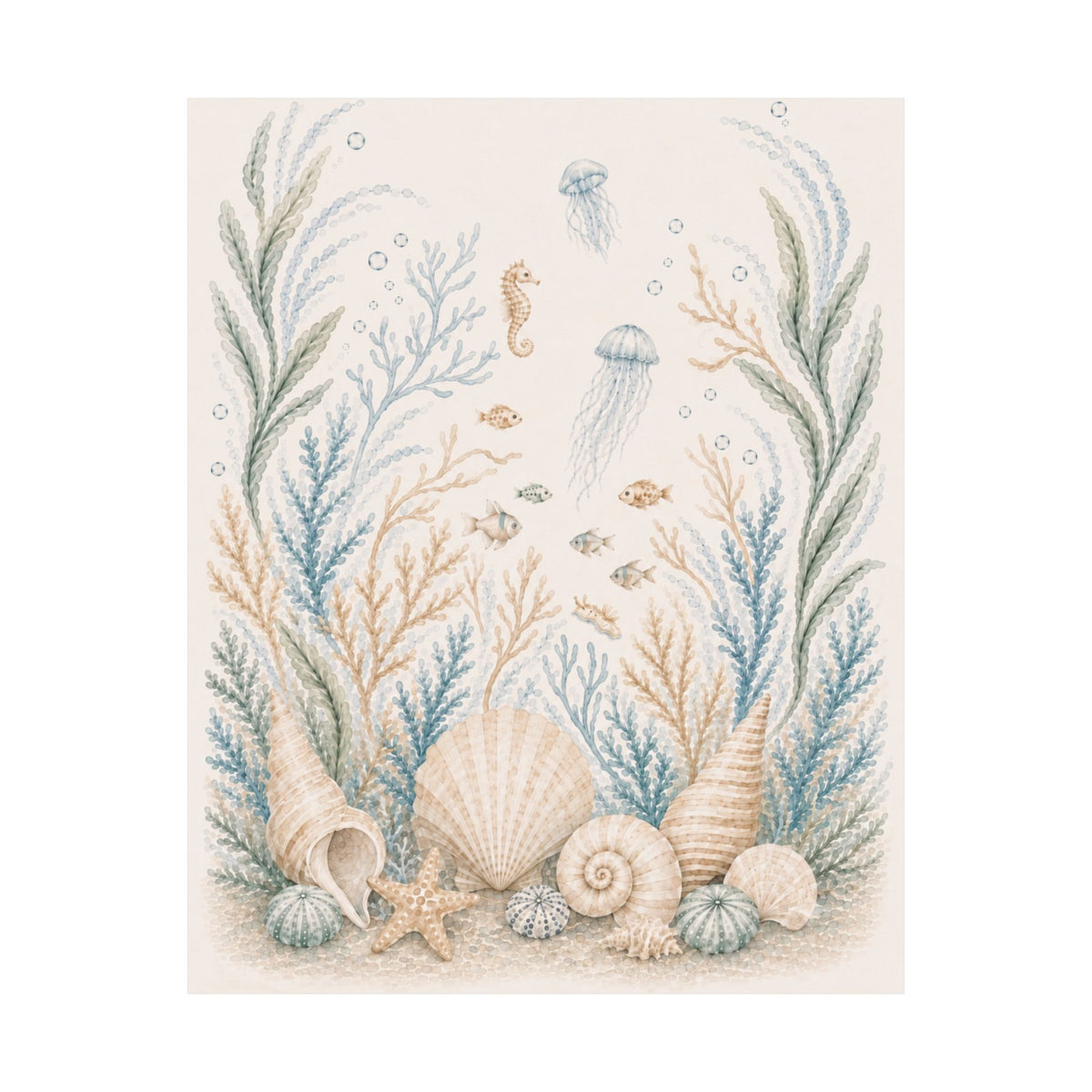 Ocean Nursery Wall Art, Watercolor Seashell and Jellyfish Poster, Coastal Baby Room Decor