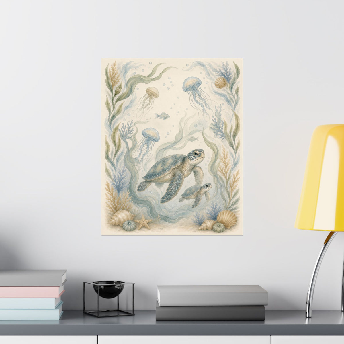 Mother and Baby Sea Turtle Nursery Wall Art, Watercolor Ocean Poster, Coastal Under the Sea Baby Room Decor
