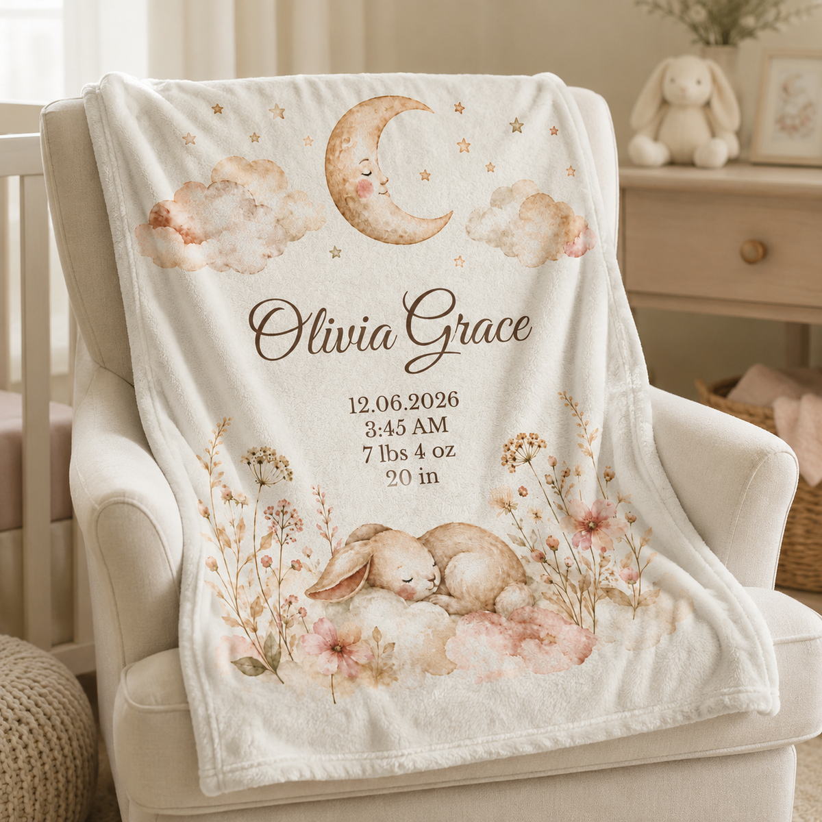 Personalized Baby Girl Minky Blanket, Custom Name and Birth Stats, Bunny Newborn Gift