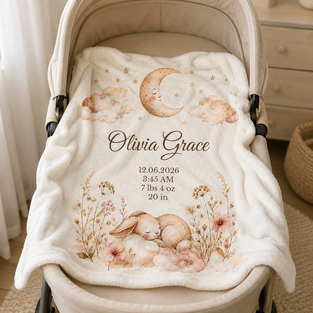 Personalized Baby Girl Minky Blanket, Custom Name and Birth Stats, Bunny Newborn Gift