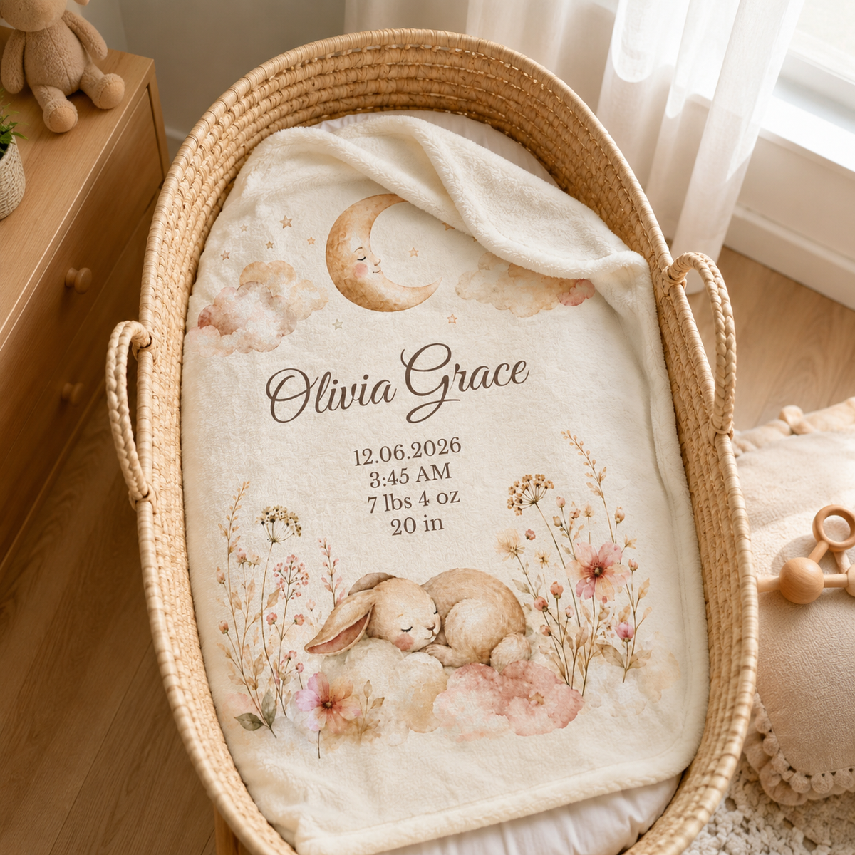 Personalized Baby Girl Minky Blanket, Custom Name and Birth Stats, Bunny Newborn Gift