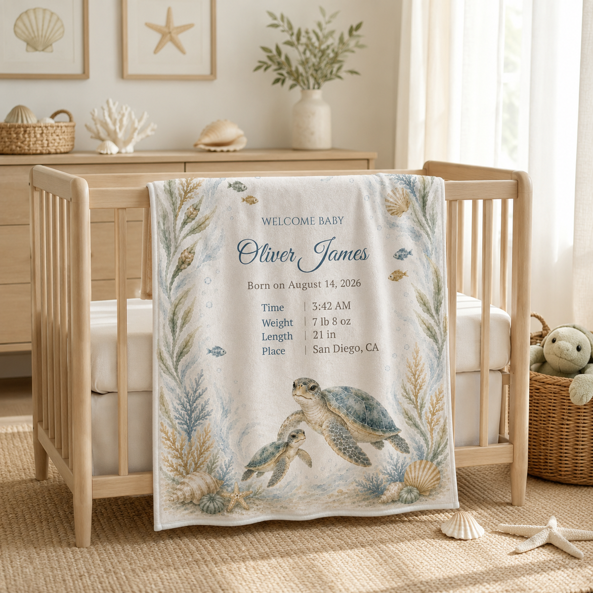 Personalized Sea Turtle Baby Blanket, Custom Name & Birth Stats, Soft Minky Newborn Blanket, Ocean Nursery Baby Shower Gift