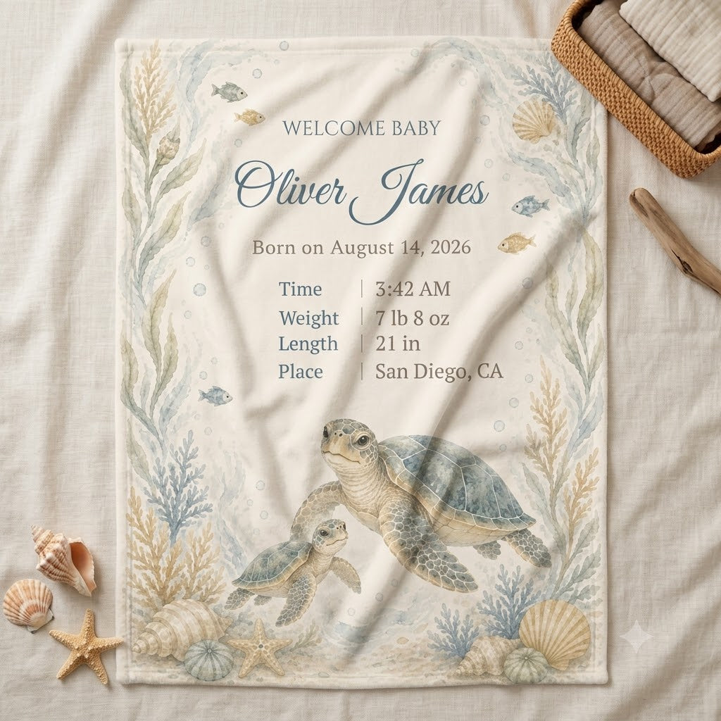 Personalized Sea Turtle Baby Blanket, Custom Name & Birth Stats, Soft Minky Newborn Blanket, Ocean Nursery Baby Shower Gift