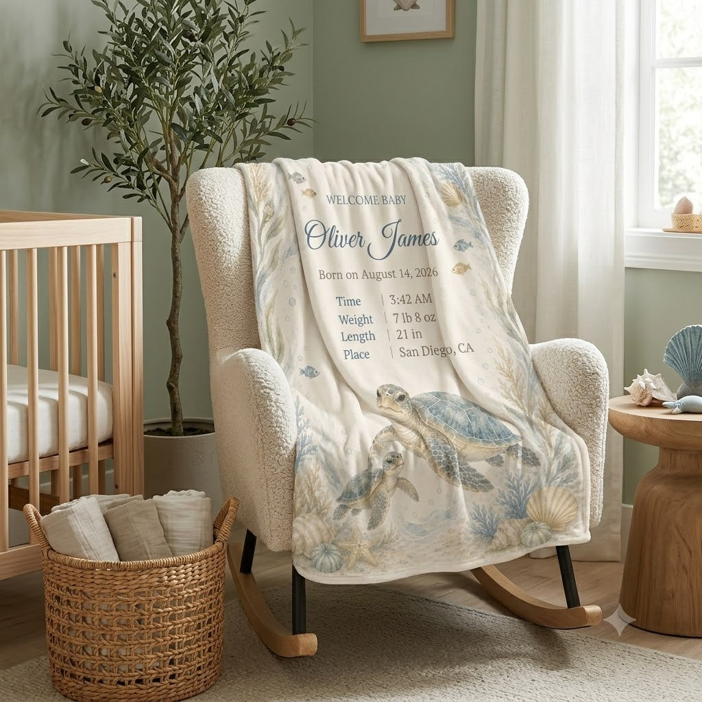 Personalized Sea Turtle Baby Blanket, Custom Name & Birth Stats, Soft Minky Newborn Blanket, Ocean Nursery Baby Shower Gift