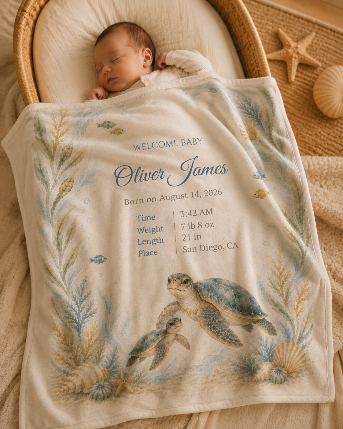 Personalized Sea Turtle Baby Blanket, Custom Name & Birth Stats, Soft Minky Newborn Blanket, Ocean Nursery Baby Shower Gift
