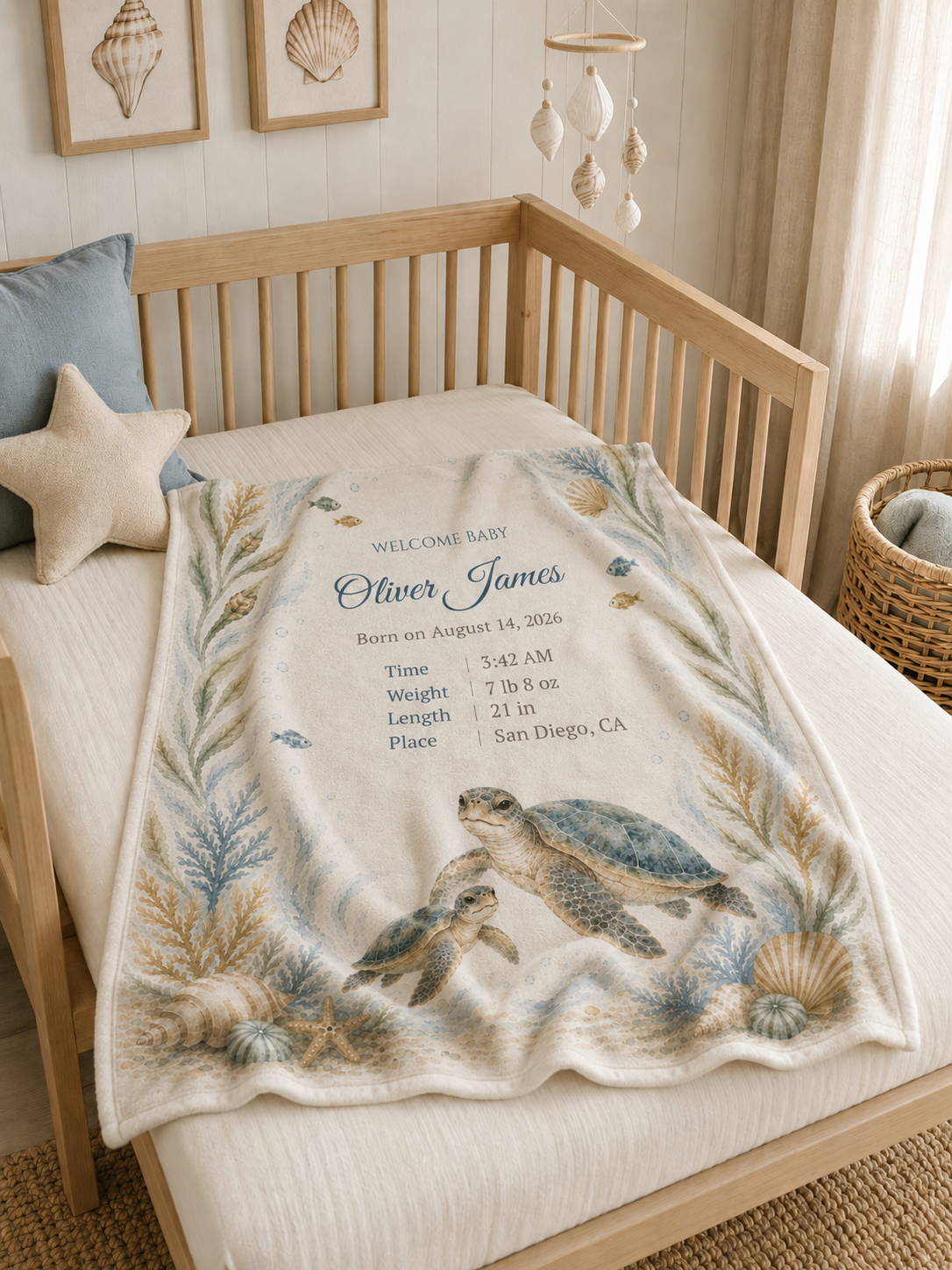 Personalized Sea Turtle Baby Blanket, Custom Name & Birth Stats, Soft Minky Newborn Blanket, Ocean Nursery Baby Shower Gift
