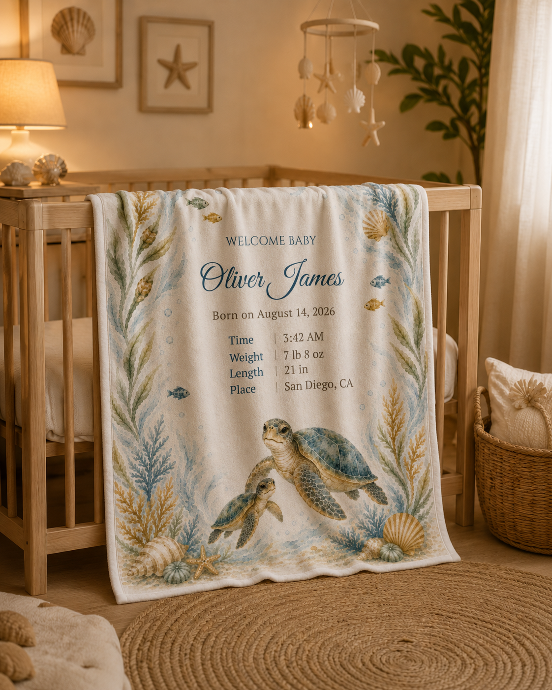 Personalized Sea Turtle Baby Blanket, Custom Name & Birth Stats, Soft Minky Newborn Blanket, Ocean Nursery Baby Shower Gift