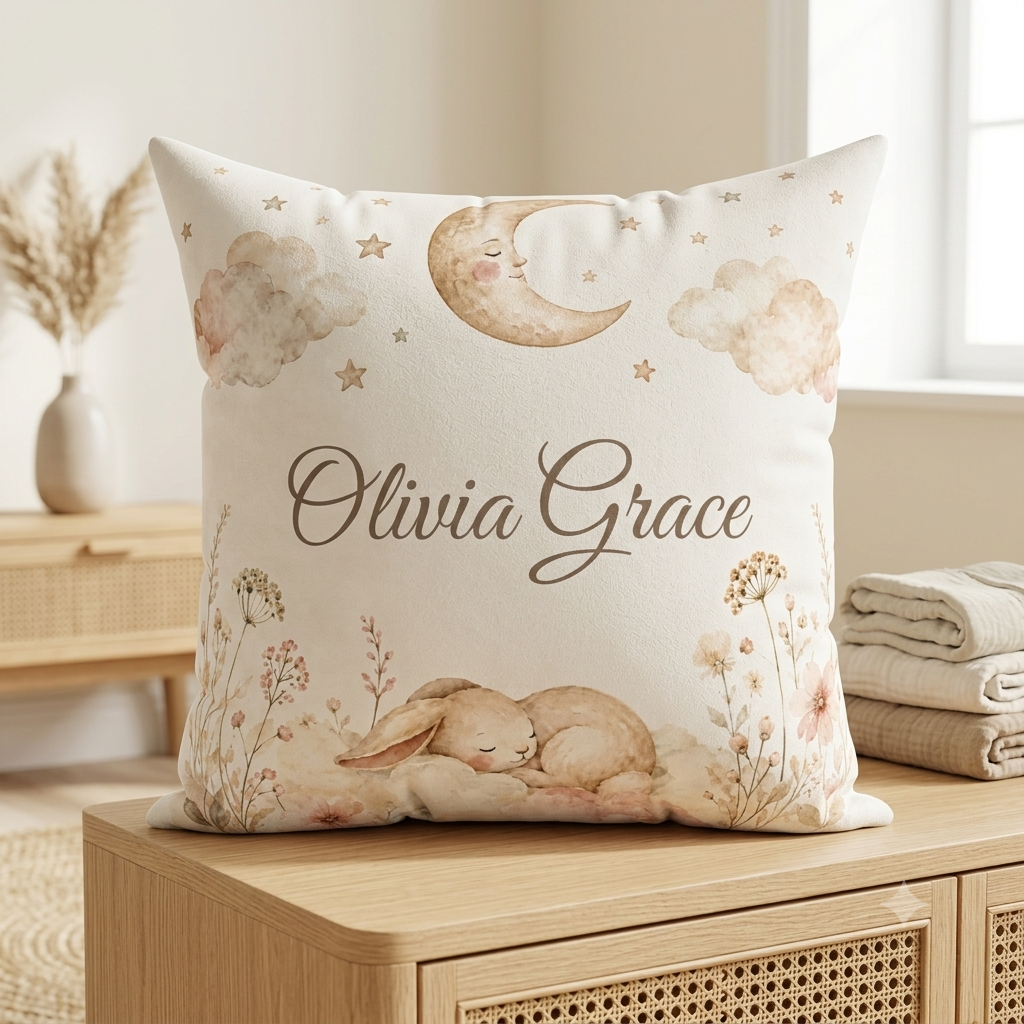 Personalized Bunny Nursery Pillow, Custom Baby Name Cushion, Moon and Stars Throw Pillow, Baby Girl Room Decor, Newborn Gift