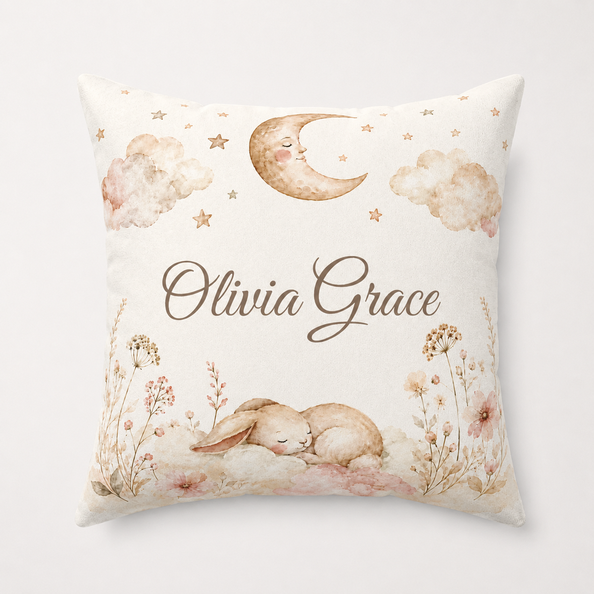 Personalized Bunny Nursery Pillow, Custom Baby Name Cushion, Moon and Stars Throw Pillow, Baby Girl Room Decor, Newborn Gift