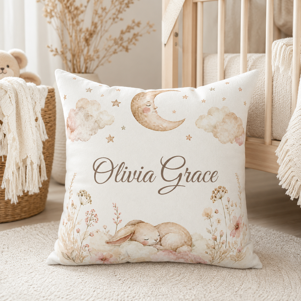 Personalized Bunny Nursery Pillow, Custom Baby Name Cushion, Moon and Stars Throw Pillow, Baby Girl Room Decor, Newborn Gift