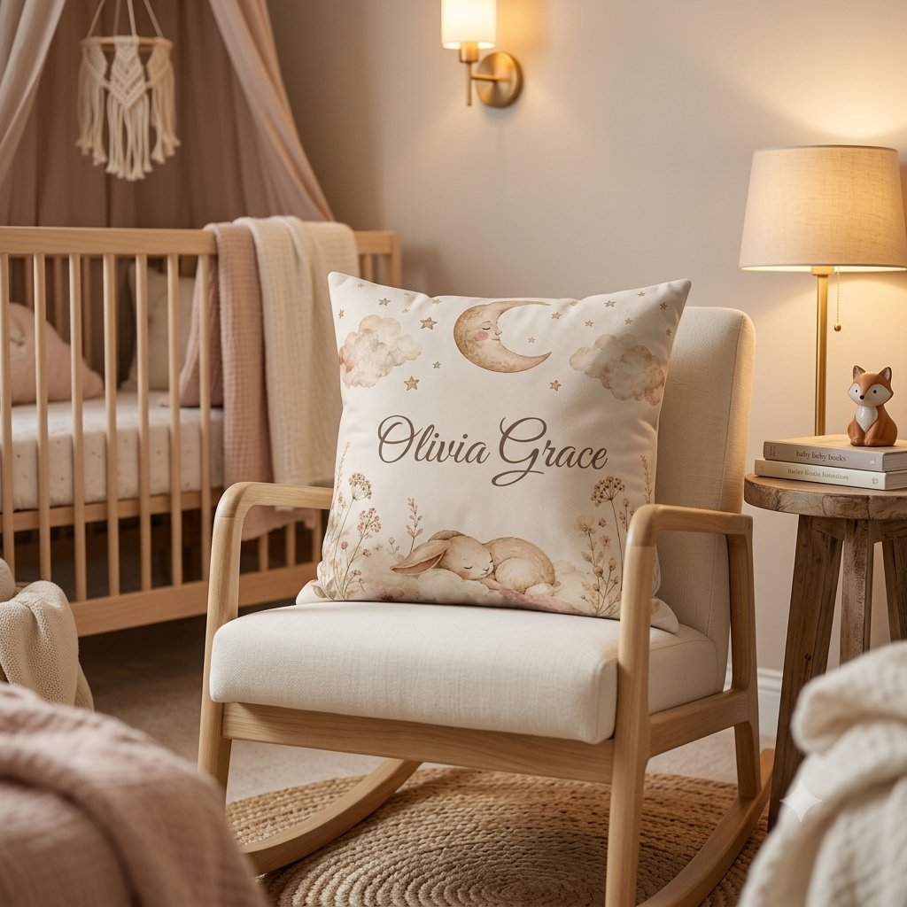 Personalized Bunny Nursery Pillow, Custom Baby Name Cushion, Moon and Stars Throw Pillow, Baby Girl Room Decor, Newborn Gift