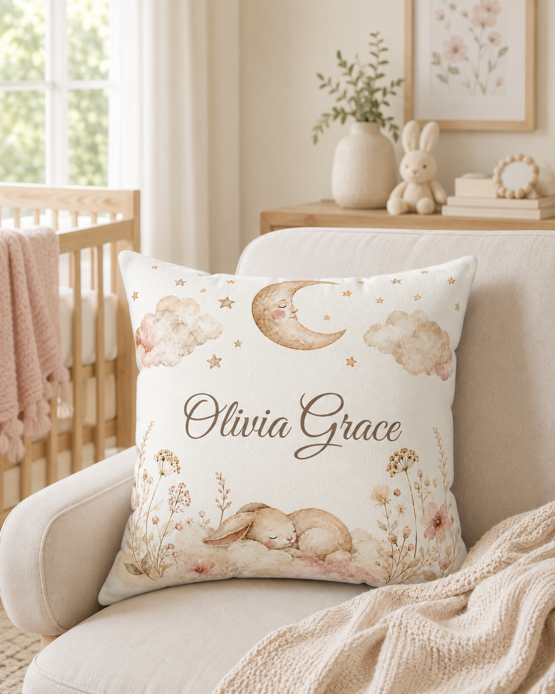 Personalized Bunny Nursery Pillow, Custom Baby Name Cushion, Moon and Stars Throw Pillow, Baby Girl Room Decor, Newborn Gift