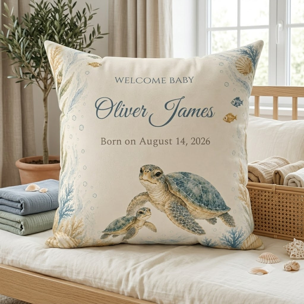 Personalized Sea Turtle Pillow: Custom Baby Name & Birth Date, Faux Suede Nursery Decor