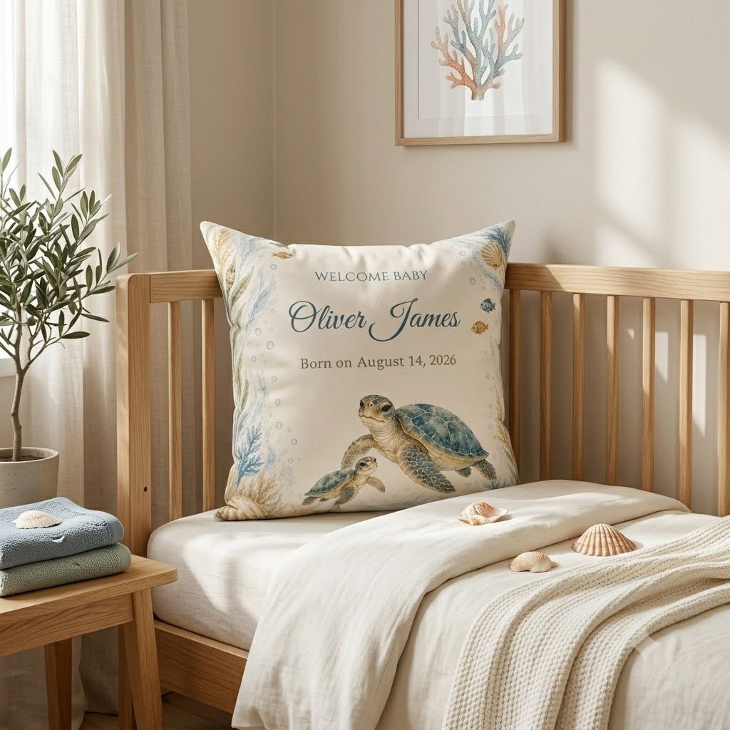Personalized Sea Turtle Pillow: Custom Baby Name & Birth Date, Faux Suede Nursery Decor