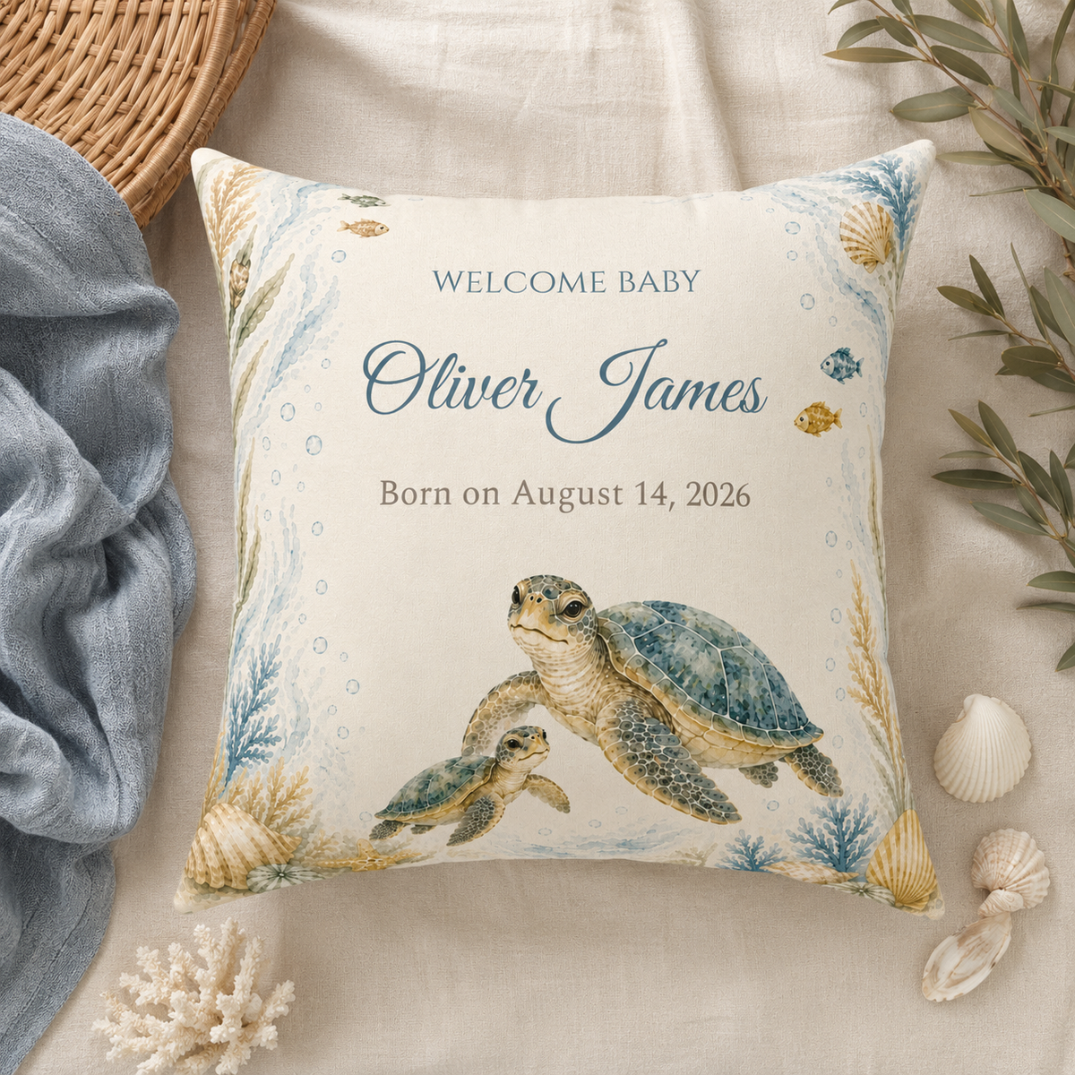 Personalized Sea Turtle Pillow: Custom Baby Name & Birth Date, Faux Suede Nursery Decor