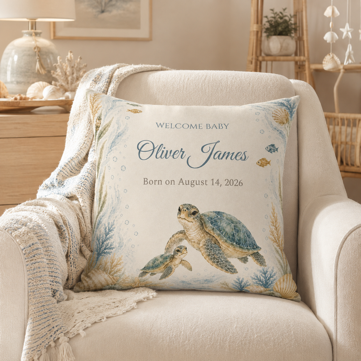 Personalized Sea Turtle Pillow: Custom Baby Name & Birth Date, Faux Suede Nursery Decor