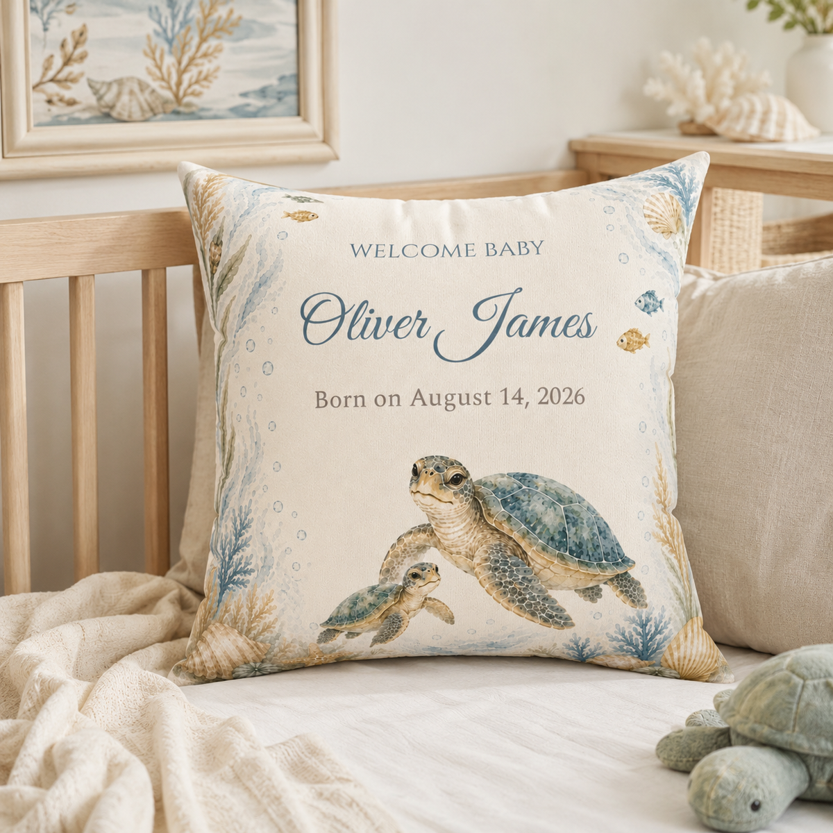 Personalized Sea Turtle Pillow: Custom Baby Name & Birth Date, Faux Suede Nursery Decor