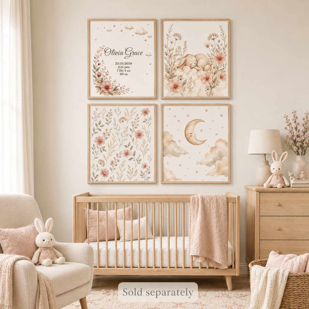 Moon and Stars Nursery Poster, Celestial Baby Girl Wall Art, Neutral Cloud Nursery Print
