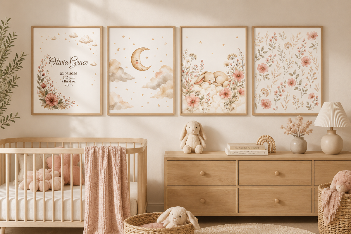 Moon and Stars Nursery Poster, Celestial Baby Girl Wall Art, Neutral Cloud Nursery Print