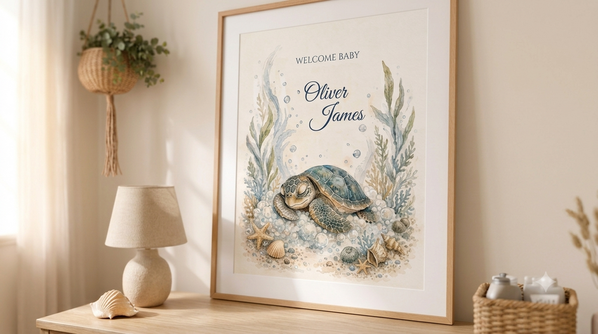 Personalized Baby Name Poster, Sea Turtle Nursery Wall Art, Watercolor Coastal Nursery Decor