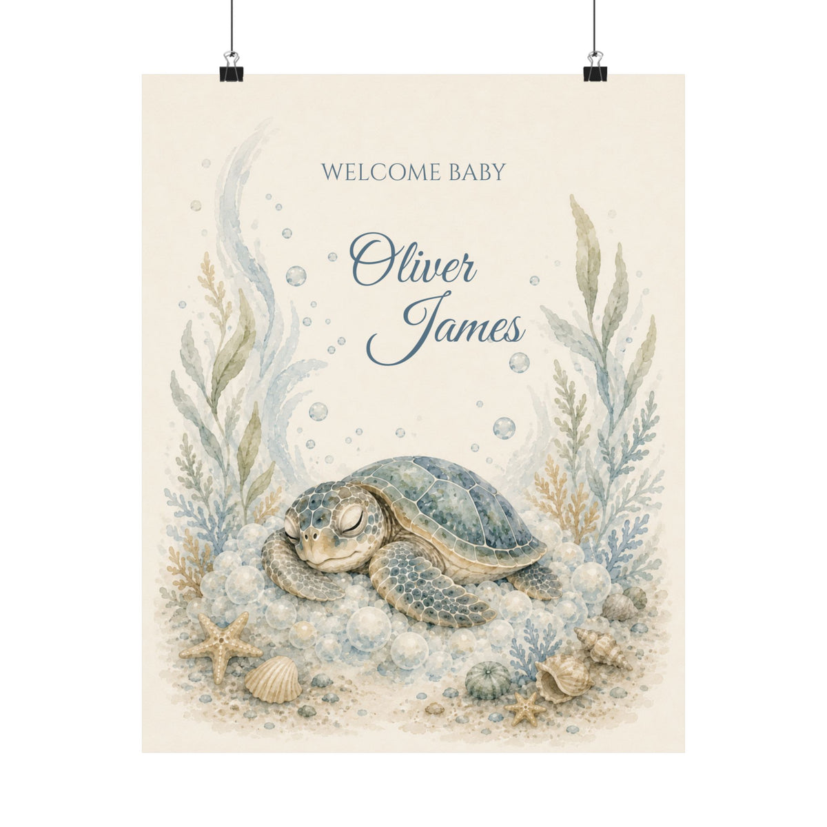 Personalized Baby Name Poster, Sea Turtle Nursery Wall Art, Watercolor Coastal Nursery Decor