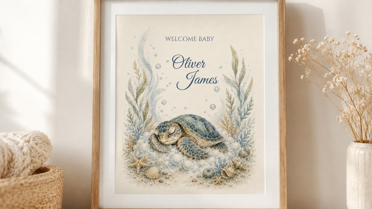 Personalized Baby Name Poster, Sea Turtle Nursery Wall Art, Watercolor Coastal Nursery Decor