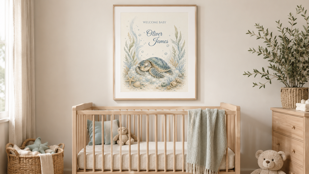 Personalized Baby Name Poster, Sea Turtle Nursery Wall Art, Watercolor Coastal Nursery Decor