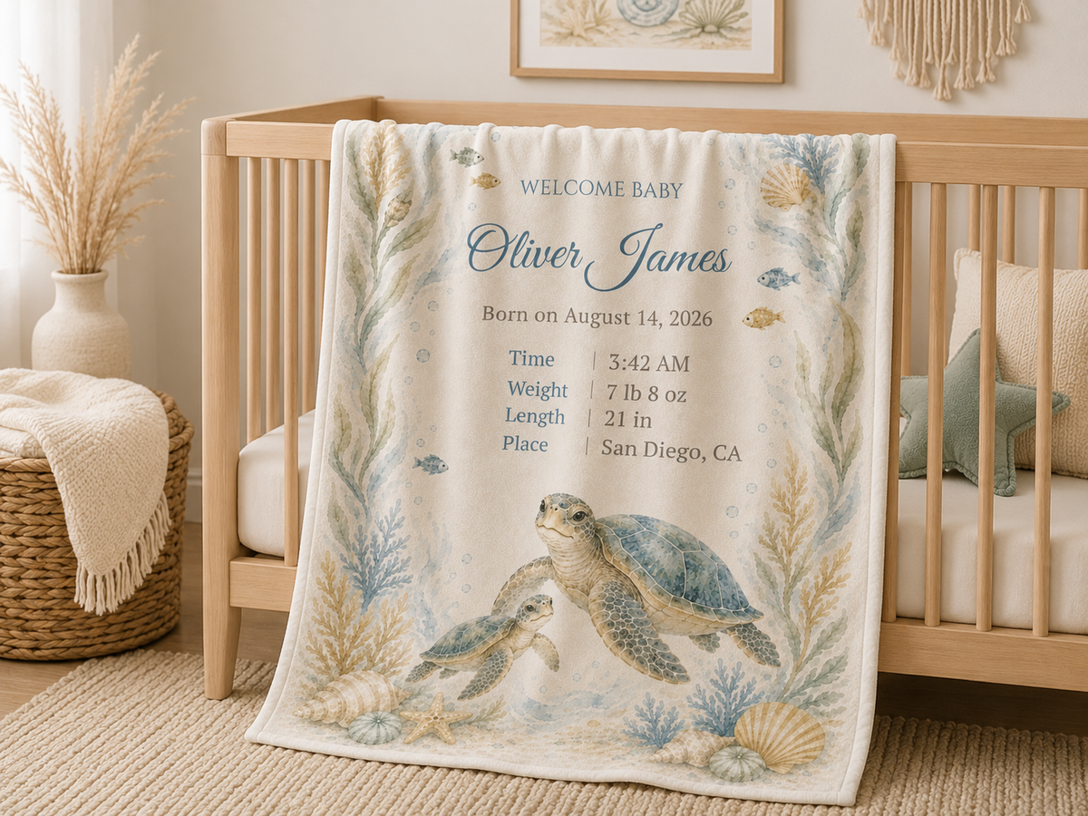 Personalized Sea Turtle Birth Stats Swaddle Blanket, 30x40 Jersey Polyester