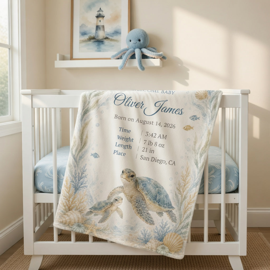 Personalized Sea Turtle Birth Stats Swaddle Blanket, 30x40 Jersey Polyester