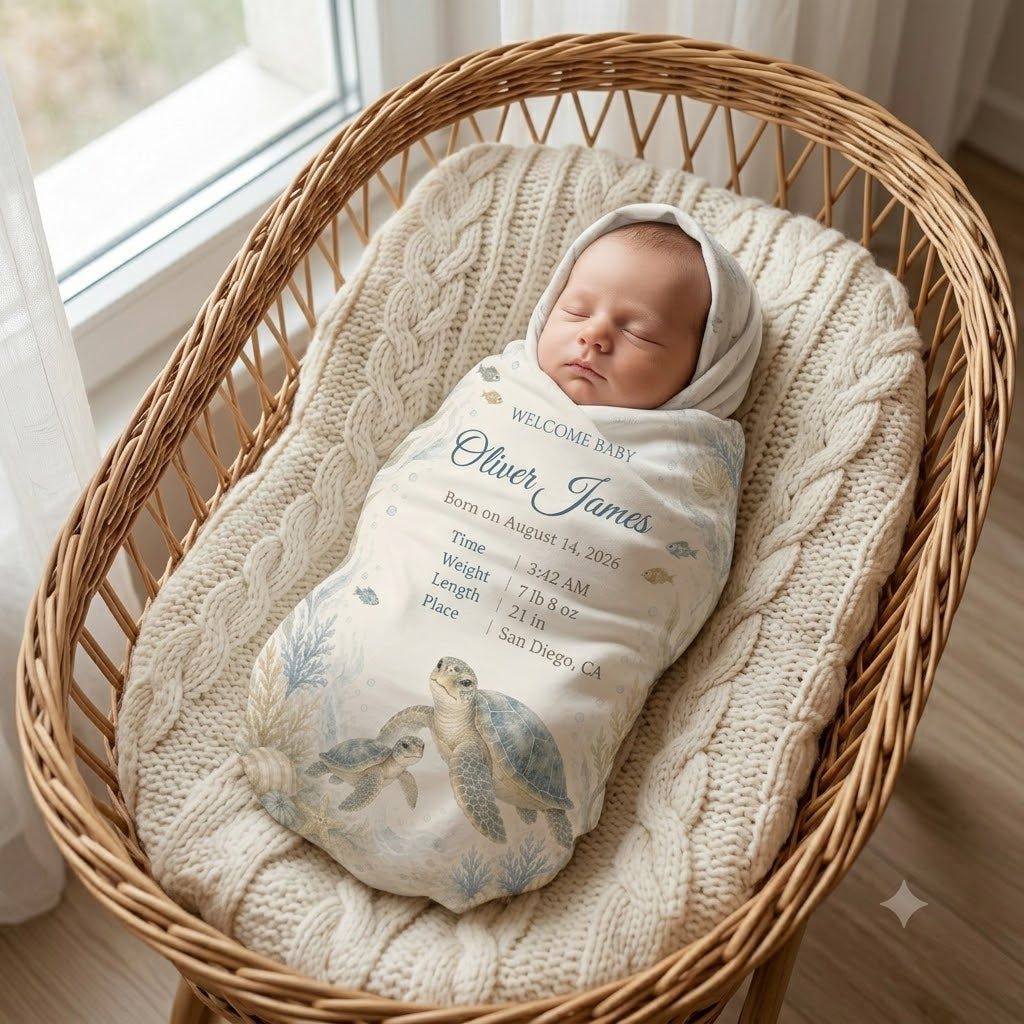 Personalized Sea Turtle Birth Stats Swaddle Blanket, 30x40 Jersey Polyester