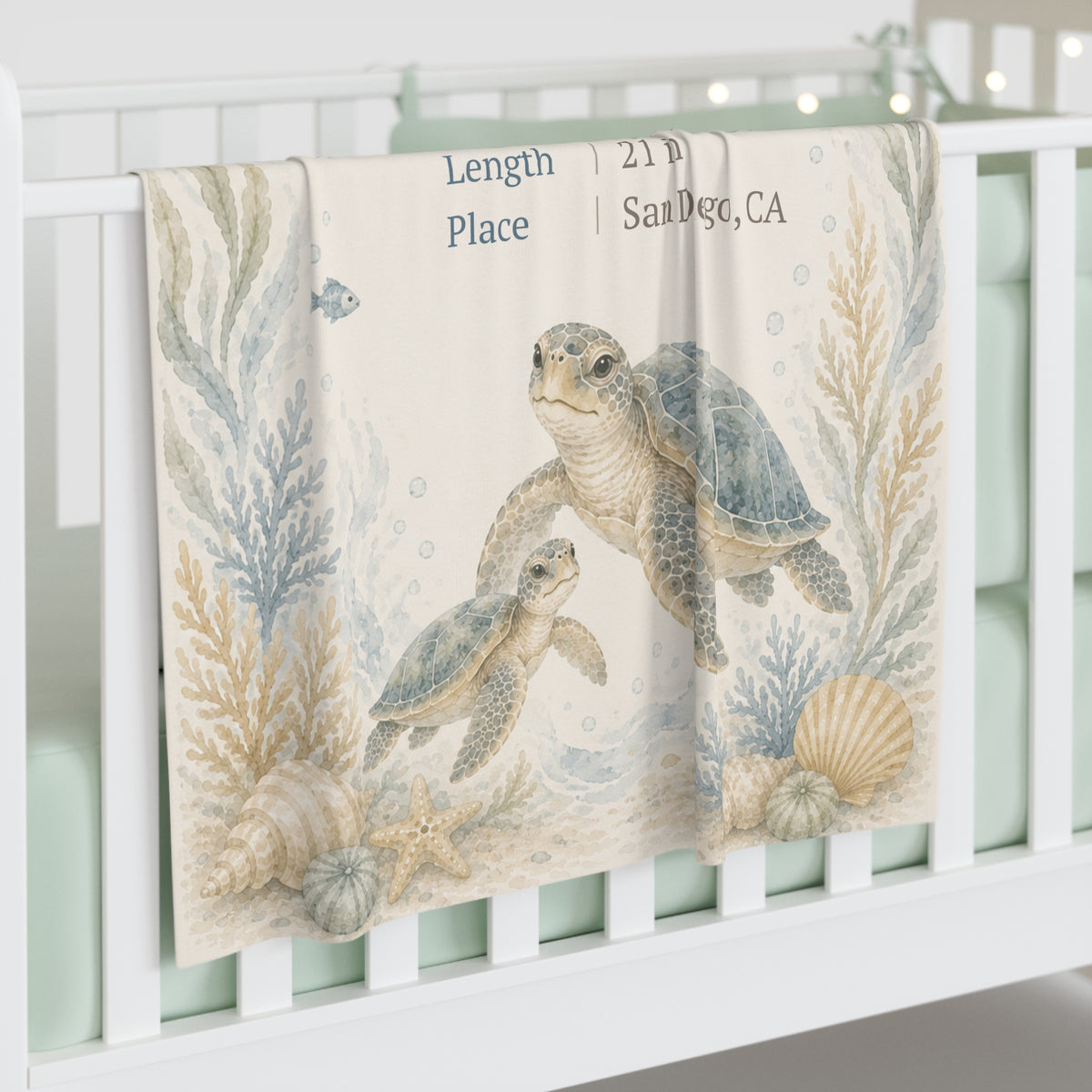 Personalized Sea Turtle Birth Stats Swaddle Blanket, 30x40 Jersey Polyester