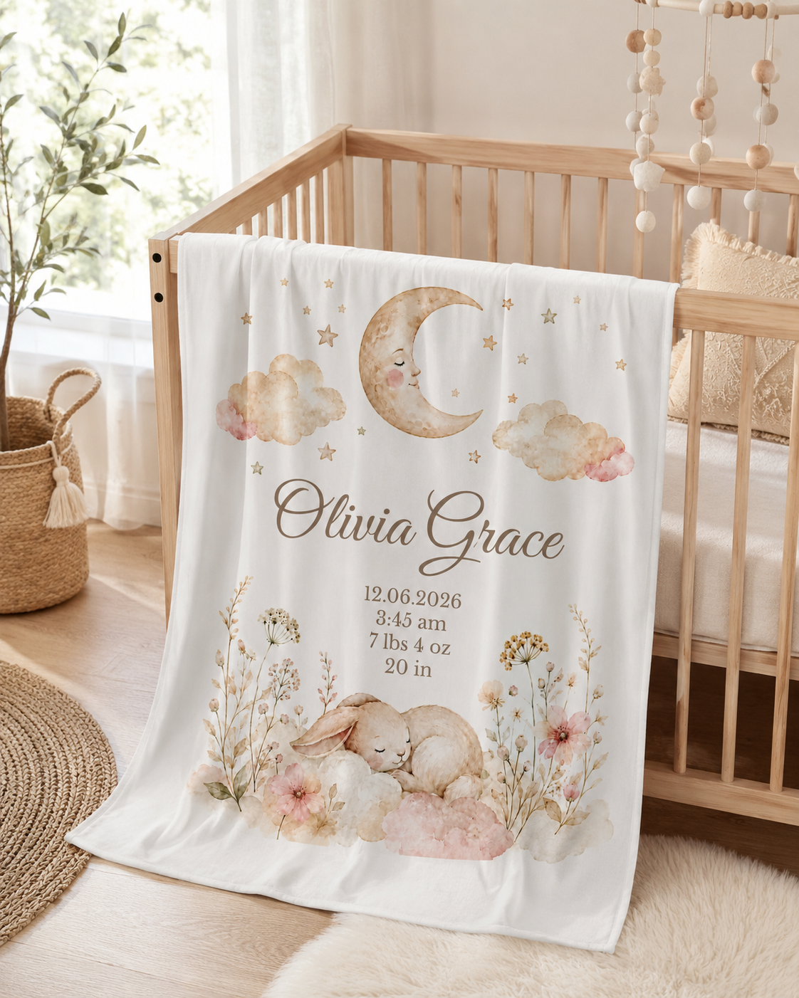 Personalized Birth Stats Keepsake Swaddle Blanket, Custom Baby Name, Moon Bunny Newborn Gift, 30"x40"