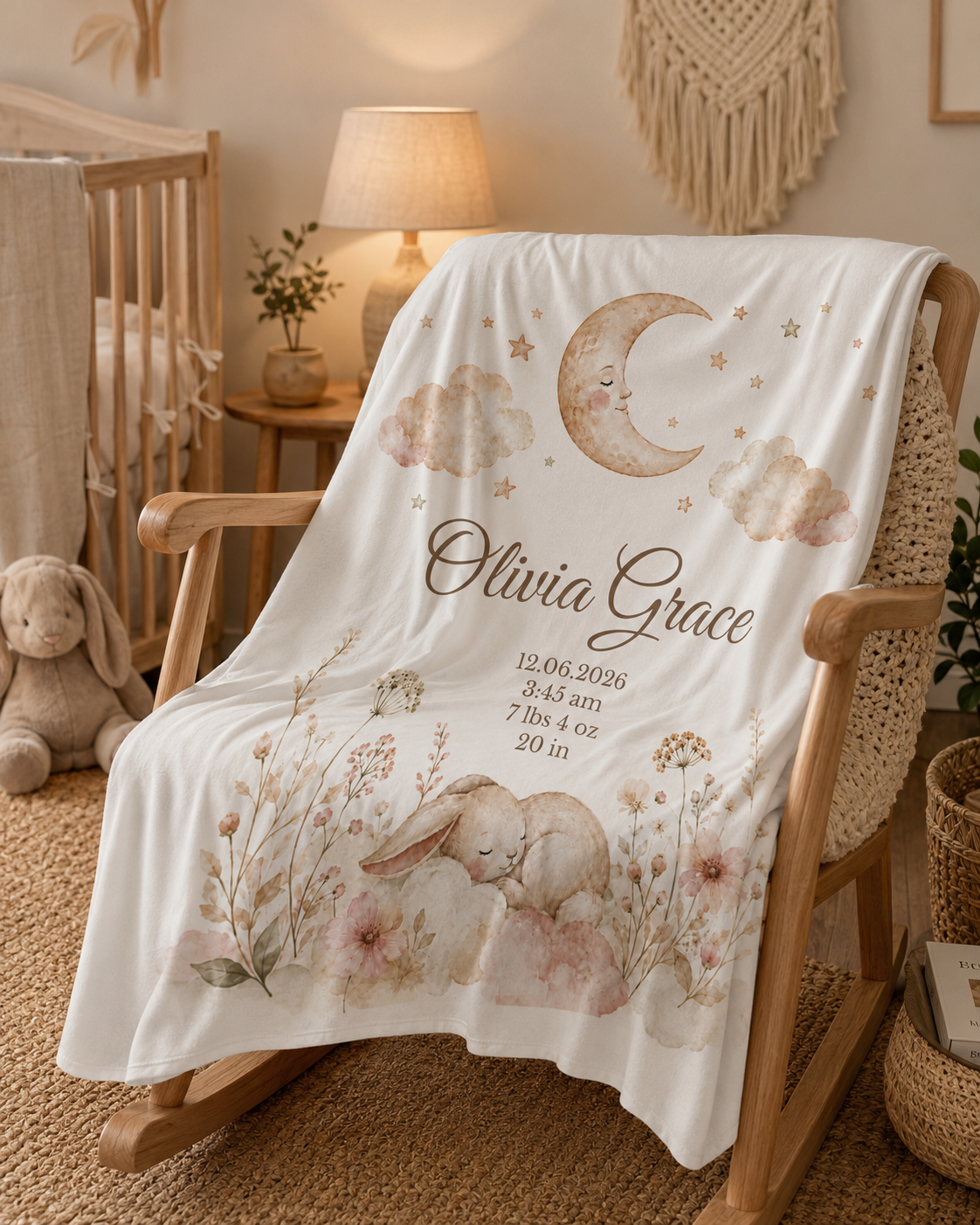 Personalized Birth Stats Keepsake Swaddle Blanket, Custom Baby Name, Moon Bunny Newborn Gift, 30"x40"
