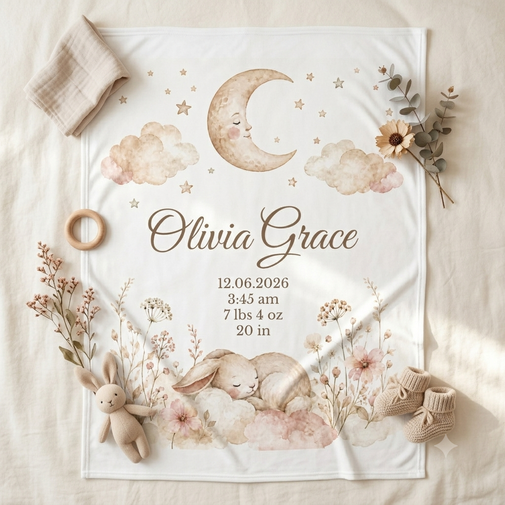 Personalized Birth Stats Keepsake Swaddle Blanket, Custom Baby Name, Moon Bunny Newborn Gift, 30"x40"