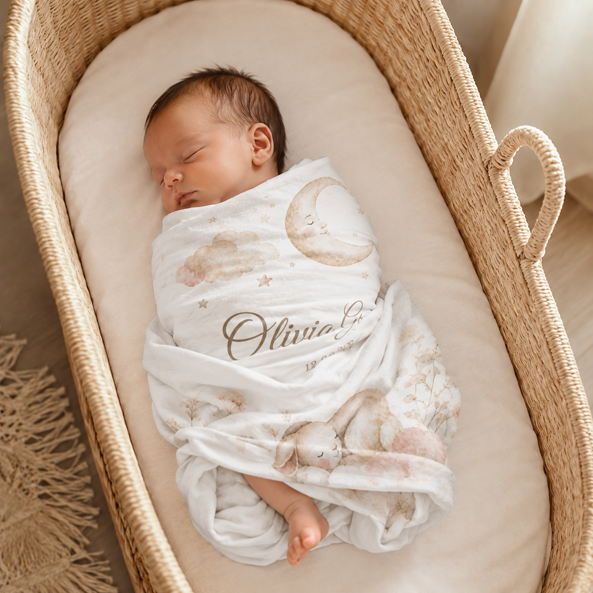 Personalized Birth Stats Keepsake Swaddle Blanket, Custom Baby Name, Moon Bunny Newborn Gift, 30"x40"