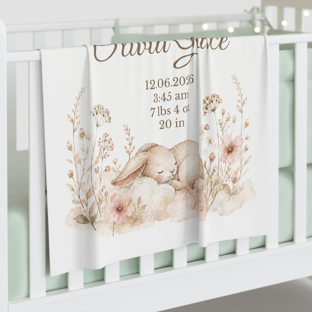 Personalized Birth Stats Keepsake Swaddle Blanket, Custom Baby Name, Moon Bunny Newborn Gift, 30"x40"