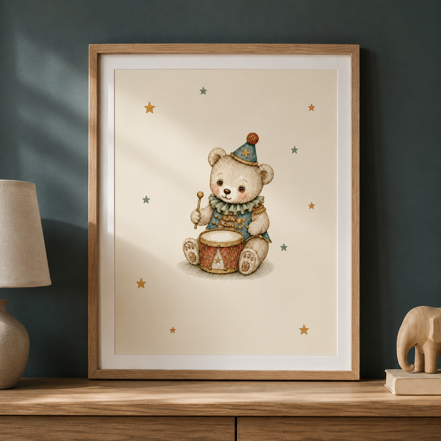 Vintage Circus Bear Nursery Print, Drummer Teddy Bear Wall Art, Storybook Circus Poster, Neutral Baby Room Decor, Baby Shower Gift