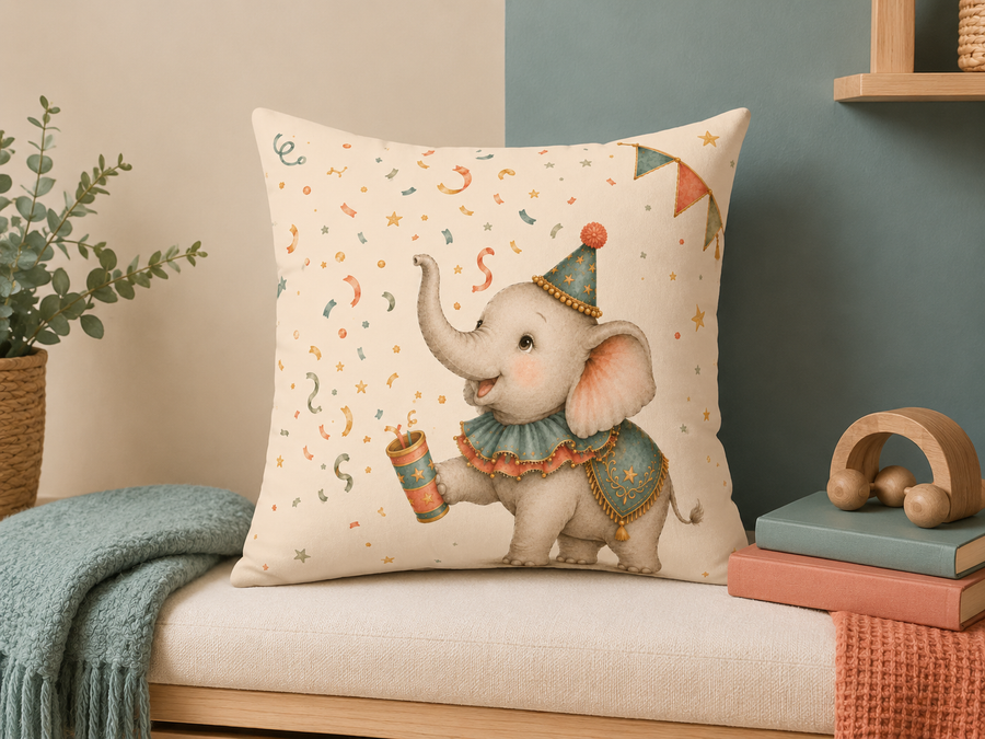 Baby Elephant Nursery Pillow, Circus Animal Decor, Vintage Watercolor  Faux Suede Cushion, Baby Shower Gift, Kids Room Decor