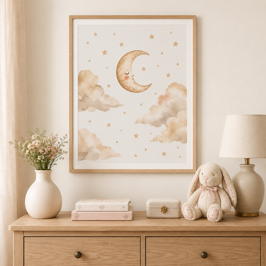 Moon and Stars Nursery Poster, Celestial Baby Girl Wall Art, Neutral Cloud Nursery Print