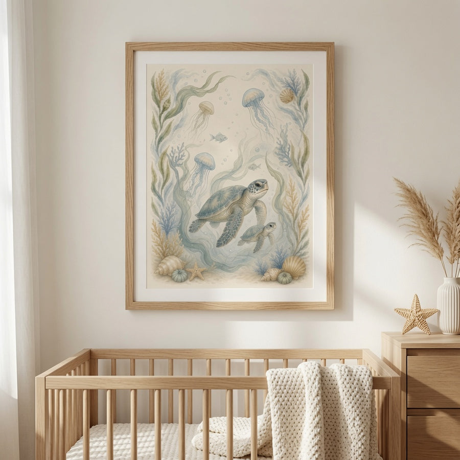 Mother and Baby Sea Turtle Nursery Wall Art, Watercolor Ocean Poster, Coastal Under the Sea Baby Room Decor