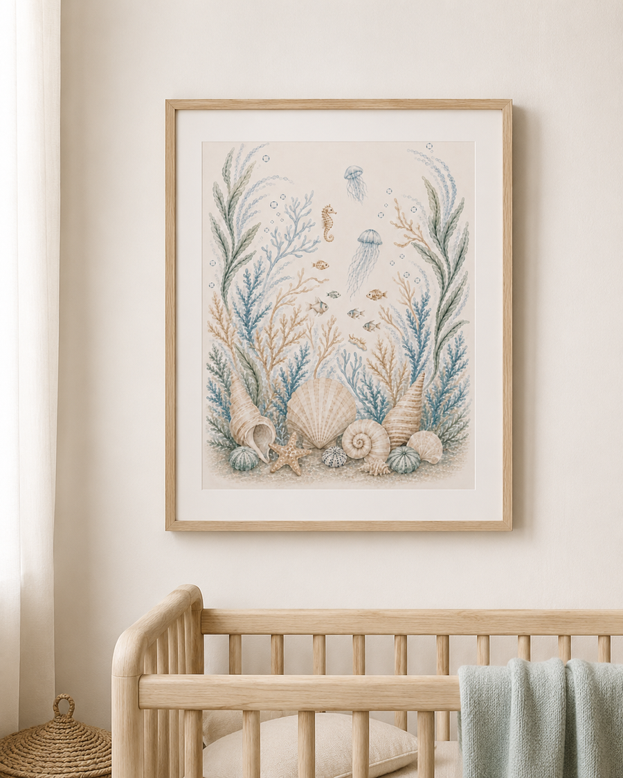 Ocean Nursery Wall Art, Watercolor Seashell and Jellyfish Poster, Coastal Baby Room Decor