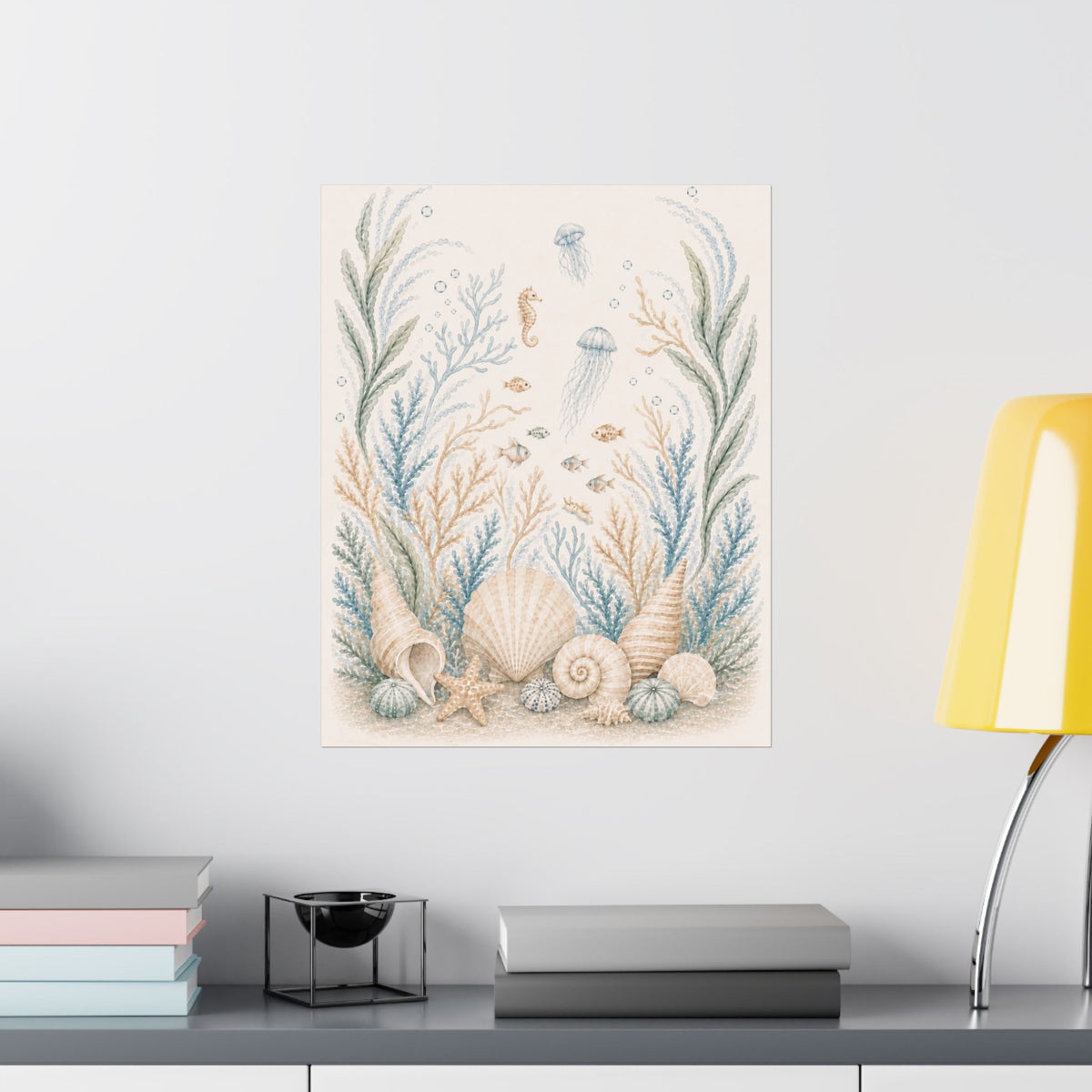 Ocean Nursery Wall Art, Watercolor Seashell and Jellyfish Poster, Coastal Baby Room Decor
