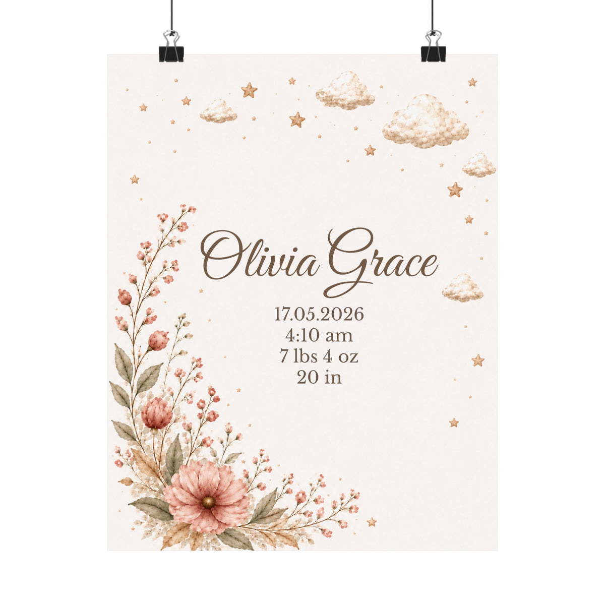 Personalized Baby Birth Stats Poster, Custom Name Floral Nursery Wall Art, Newborn Keepsake for Baby Girl
