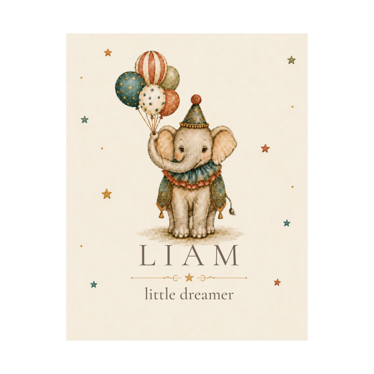 Personalized Elephant Nursery Poster, Vintage Circus Baby Name Print, Little Dreamer Wall Art