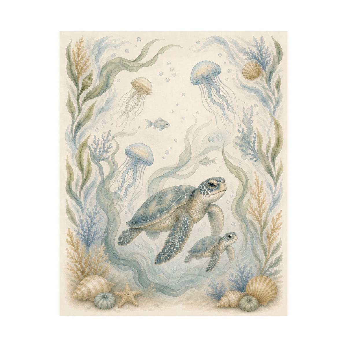 Mother and Baby Sea Turtle Nursery Wall Art, Watercolor Ocean Poster, Coastal Under the Sea Baby Room Decor